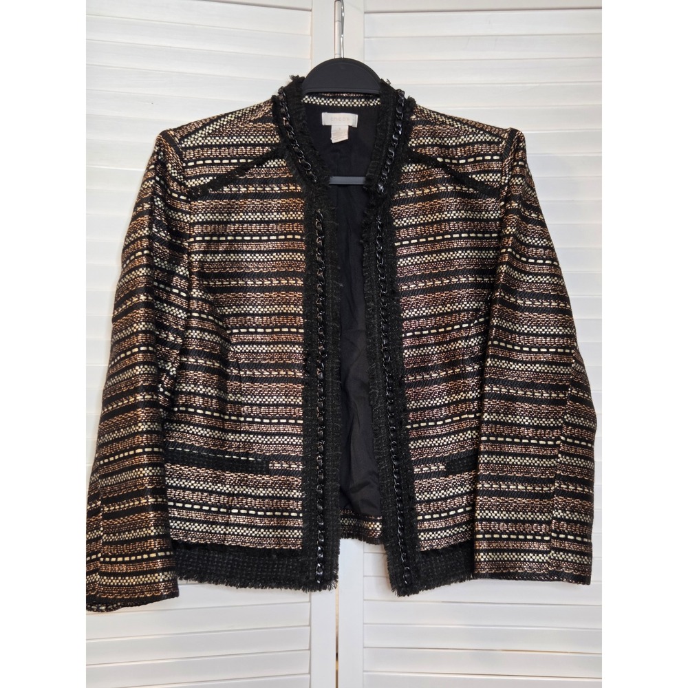 Chico's Metallic Tweed Jacket Size 8 M Black Gold Chain Trim Open Front Blazer
